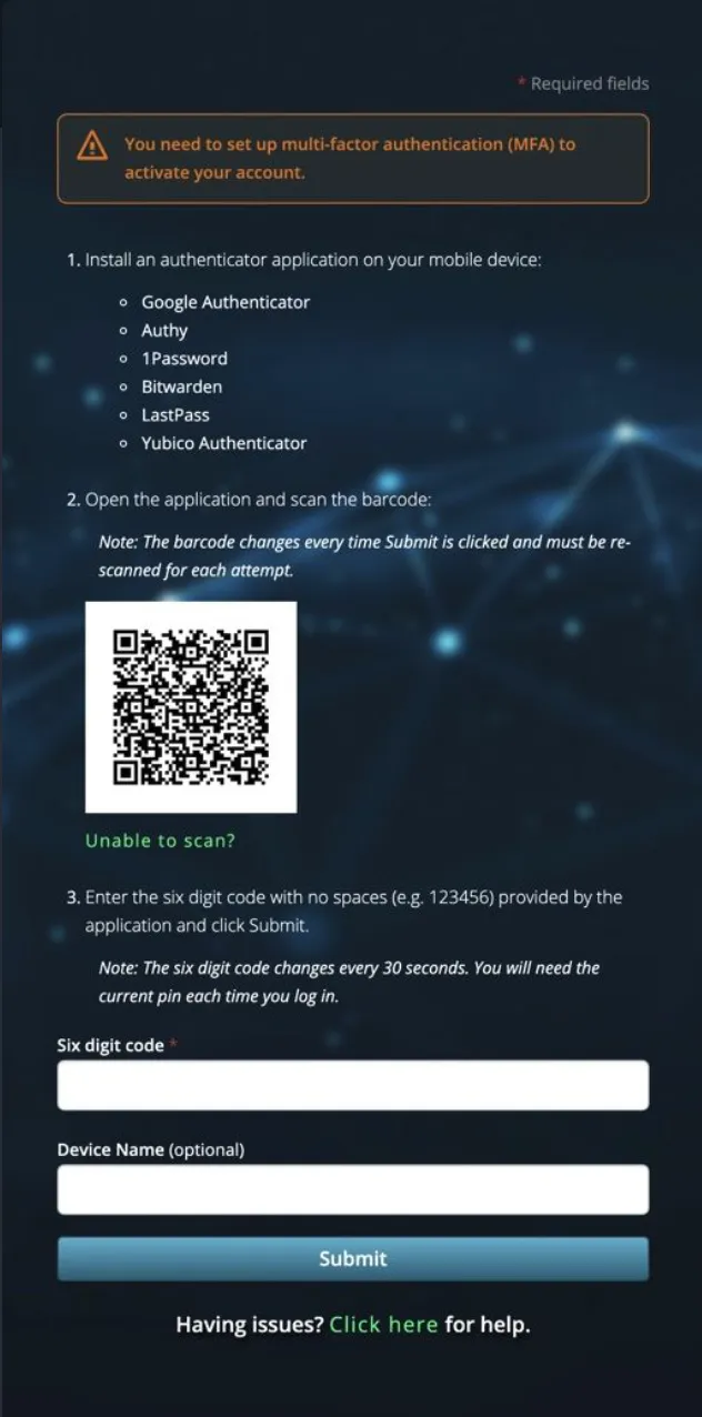 screenshot of P1 multi factor auth form
